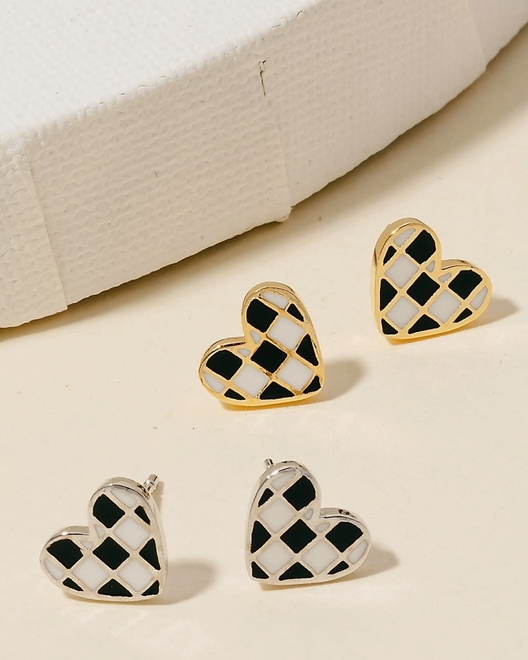 Checkered Heart Stud Earrings – 18K Gold Dipped image 1