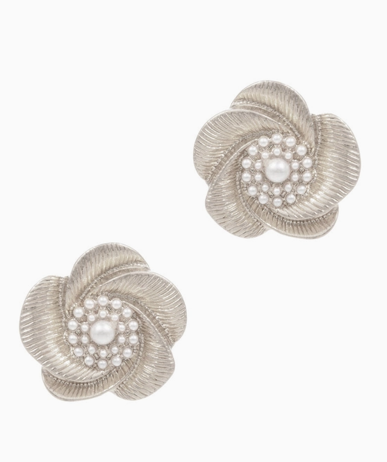 Vintage Pearl Blossom Stud Earrings - Silver image 1