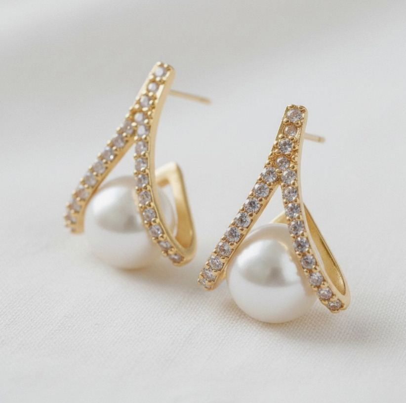 Vintage Inspired Pearl and Cubic Zirconia Cross Stud Earring image 1