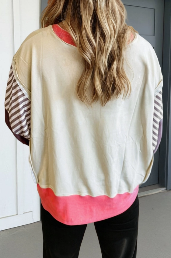 Pink Striped Patchwork Slit Sweatshirt image 1