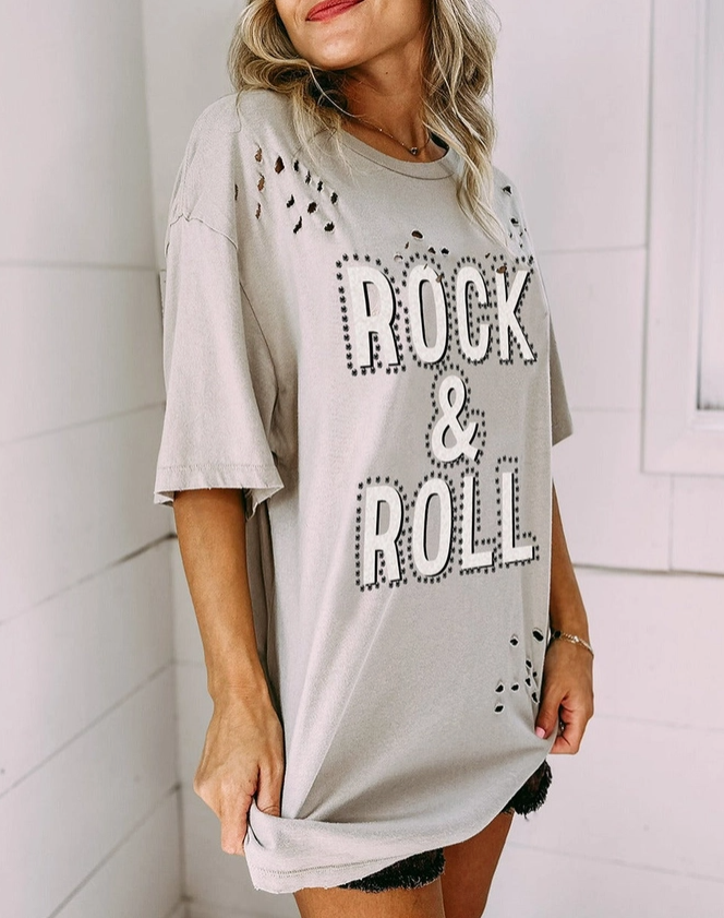 Studded Rock & Roll Graphic Tee – Vintage Gray image 1