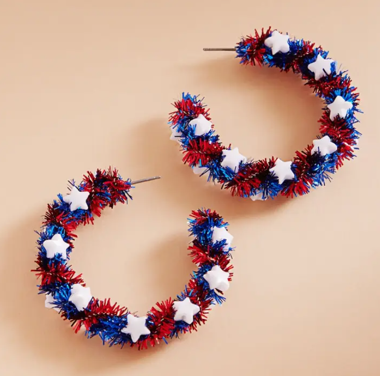⭐ Red, White & Tinsel Hoop Earrings – Patriotic Star Edition image 0