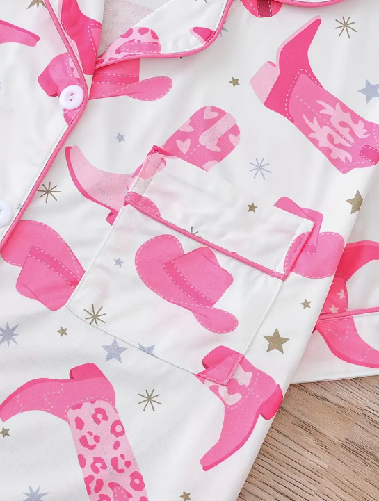 💖 Howdy, Dreamer! White & Pink Cowgirl Boot Pajama Set image 4