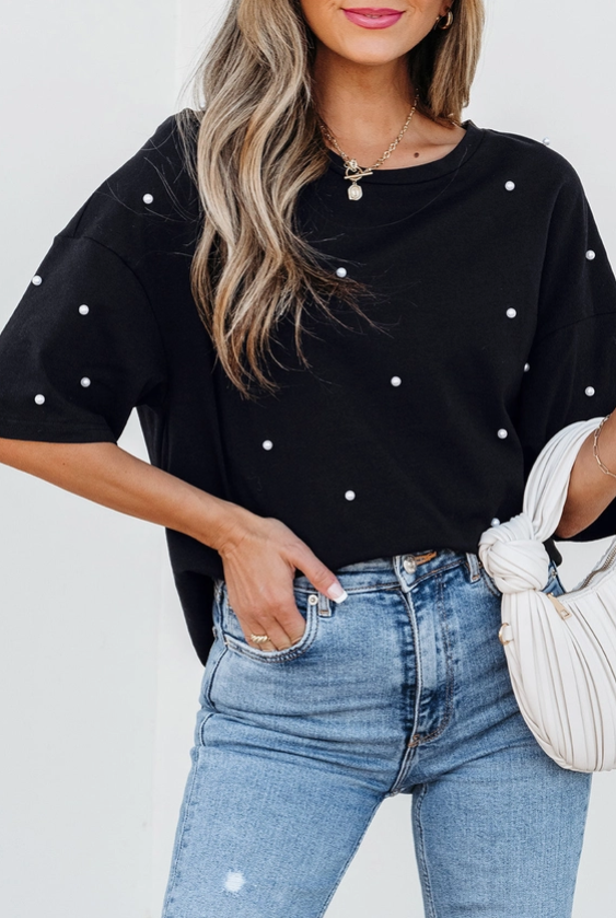 Pearl Embellished Oversized Tee – Black image 1