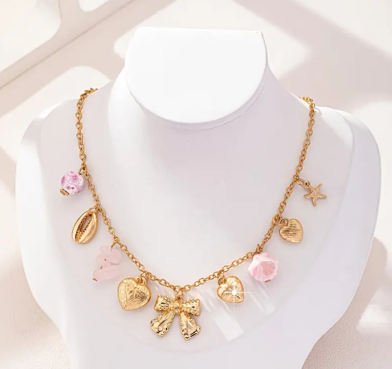 Golden Charm & Blush Bead Necklace image 2
