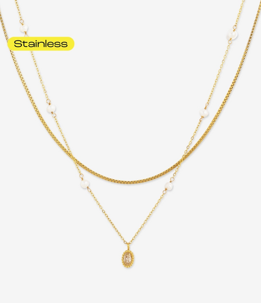 Layered Pearl & Medallion Stainless Steel Necklace image 0