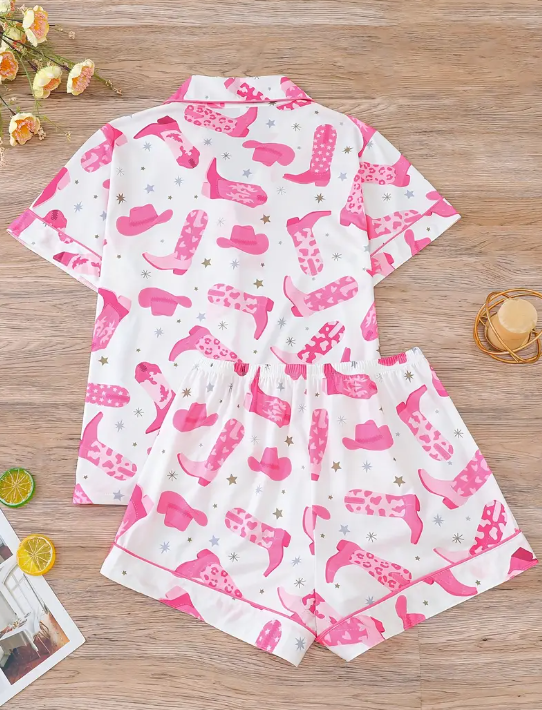 💖 Howdy, Dreamer! White & Pink Cowgirl Boot Pajama Set image 1