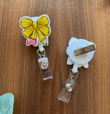 Yellow Pencil Bow Badge Reel – Handmade & School-Ready image 1