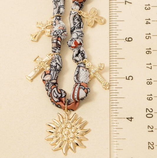 Boho Sunflower & Cross Charm Scarf Necklace 🌻✨ image 1