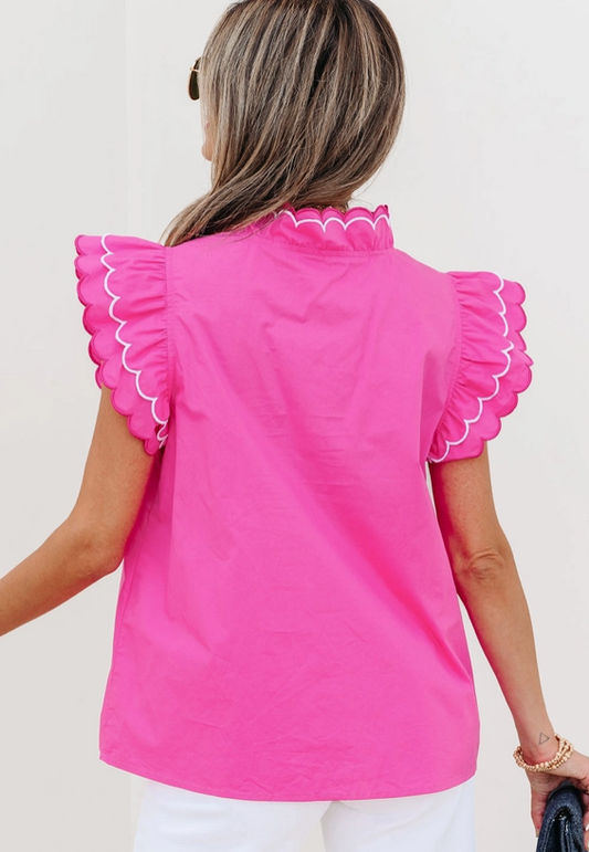 Pink Scallop Trim Short Sleeve Blouse image 1