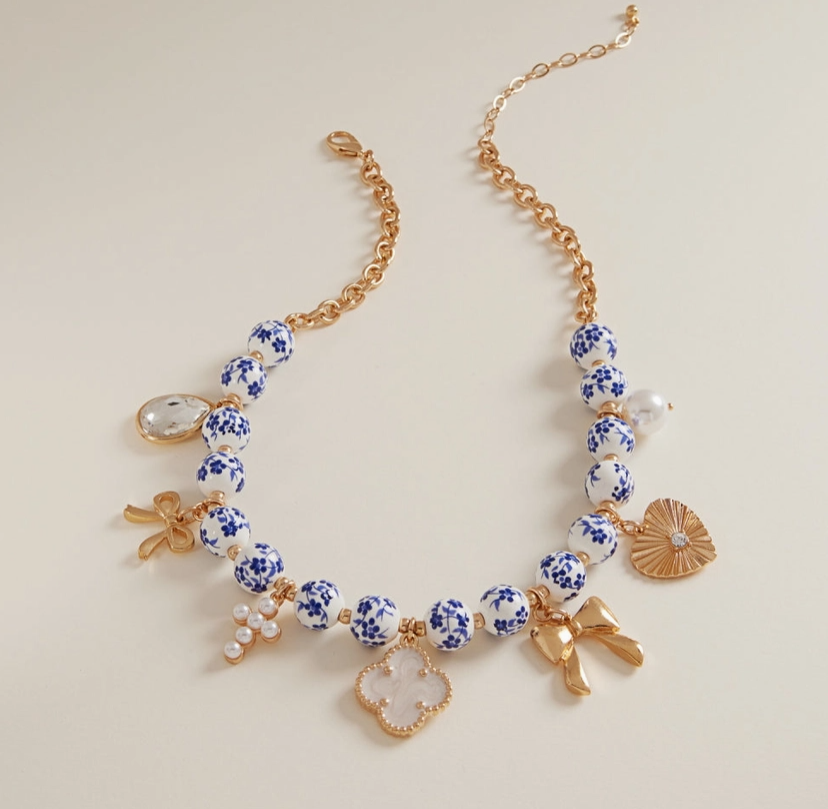 Blue Porcelain Bead Charm Necklace – Gold image 0