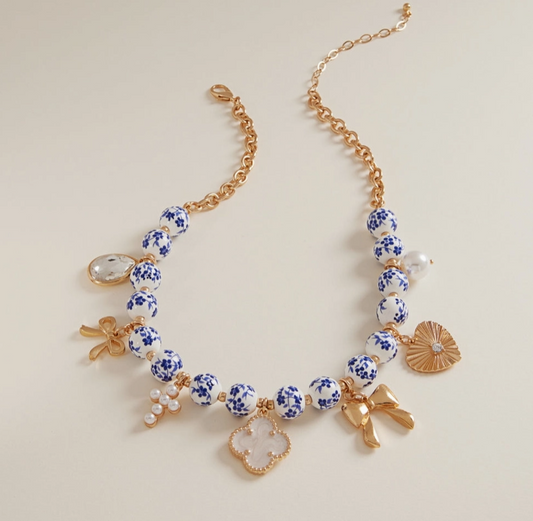 Blue Porcelain Bead Charm Necklace – Gold image 0