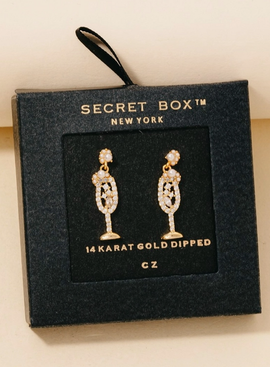 Sparkling Champagne Glass Earrings – 14K Gold Dipped image 0