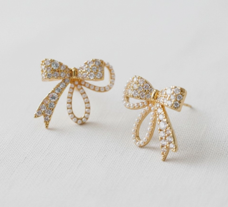 Vintage Inspired Pearl and Cubic Zirconia Bowknot Earrings image 1