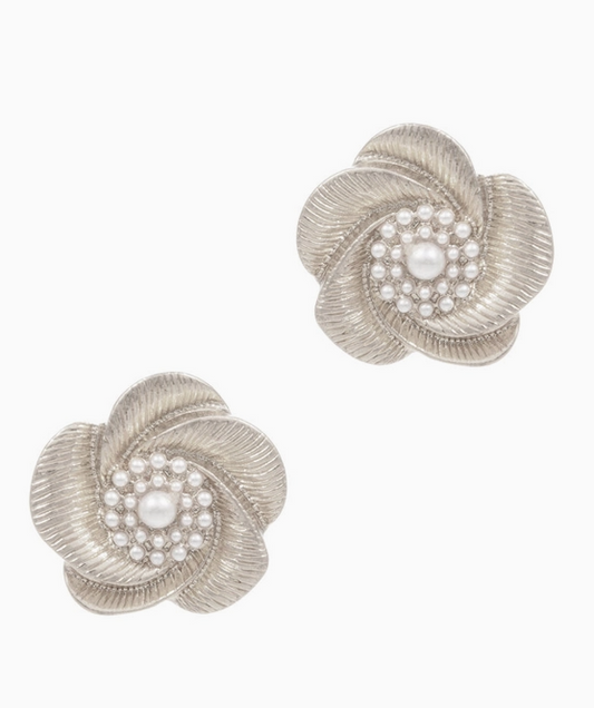 Vintage Pearl Blossom Stud Earrings - Silver image 1