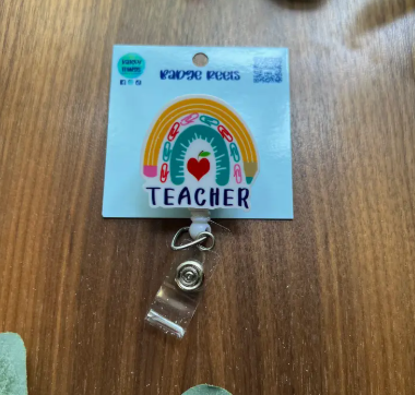 Rainbow “Teacher” Badge Reel – Handmade & Full of Classroom Joy image 0