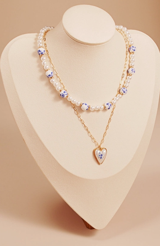 Blue Floral Porcelain & Pearl Layered Necklace – Gold image 0
