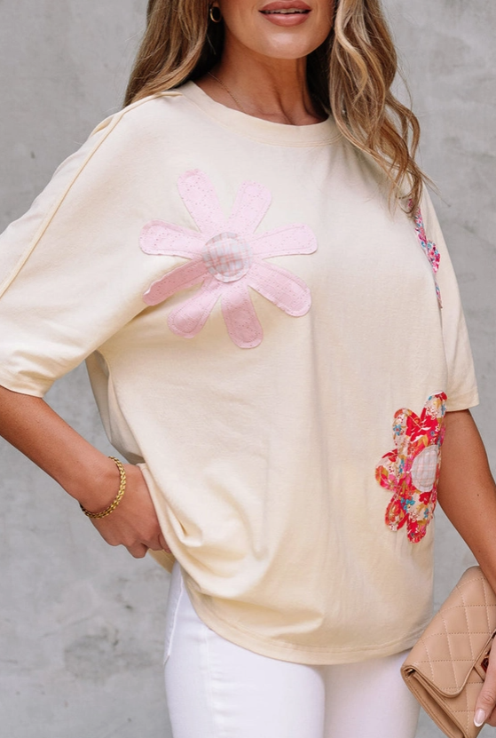 Oversized Floral Appliqué Tee – Cream image 1