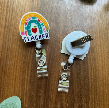 Rainbow “Teacher” Badge Reel – Handmade & Full of Classroom Joy image 1