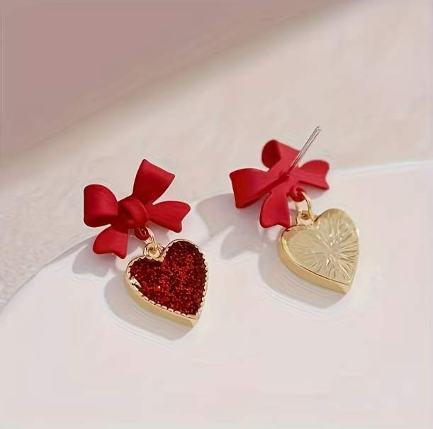 Red Heart & Bow Dangle Earrings image 1