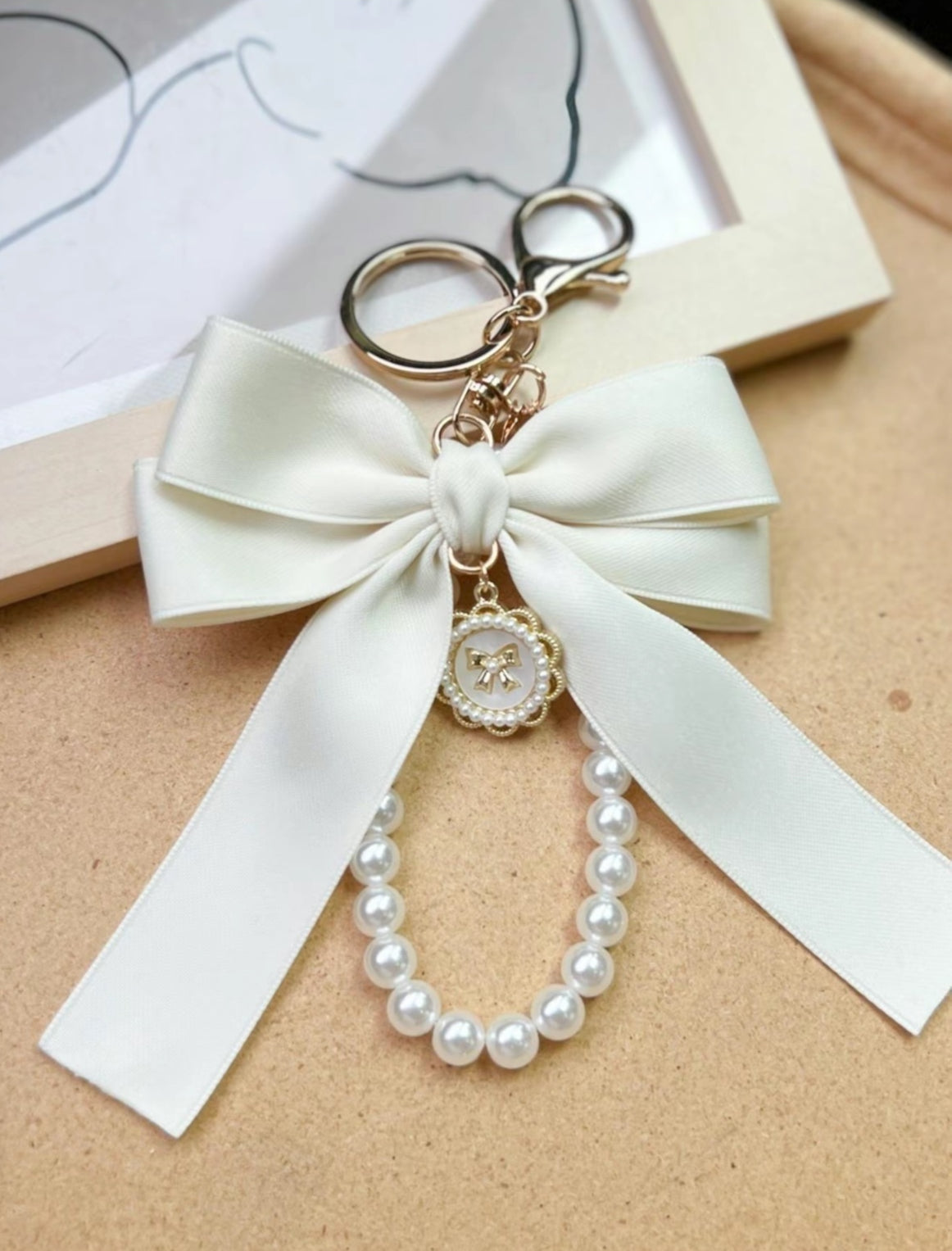 Handmade Bow Keychain with Pearl Wristlet & Pearl Bow Charm image 5
