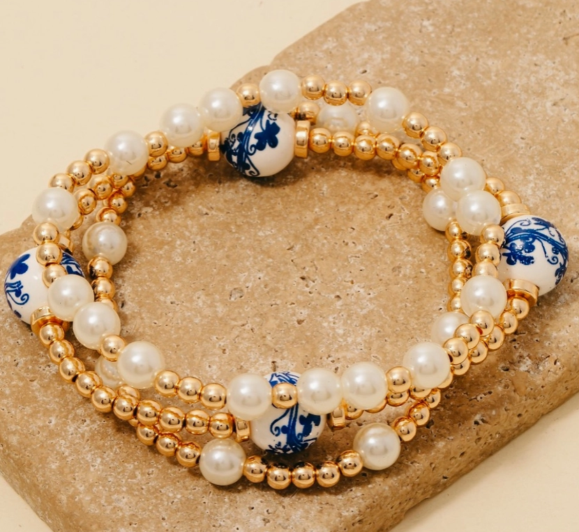 Blue Porcelain & Pearl Beaded Bracelet Set 💙✨ image 0