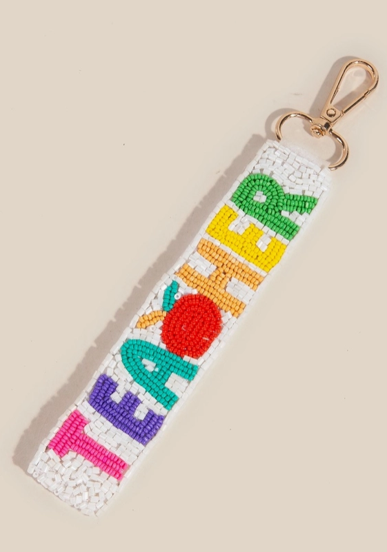 🍎 Beaded “TEACHER” Keychain – Rainbow Apple Edition ✏️ image 1