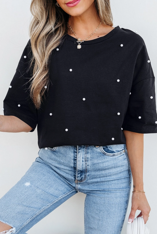 Pearl Embellished Oversized Tee – Black image 0