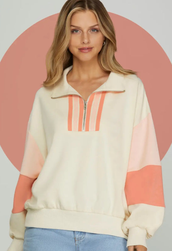 “Peachy Glow” Colorblock Half-Zip Pullover image 0
