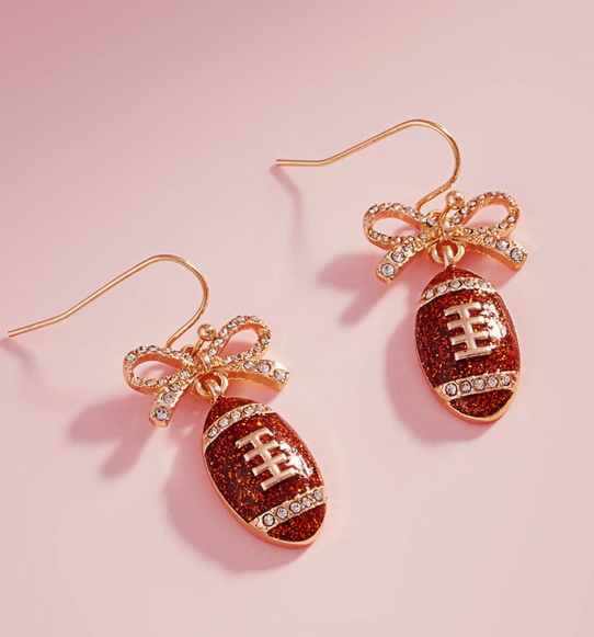 Glitter Football Dangle Earrings with Rhinestone Bows – Gold & Brown image 0