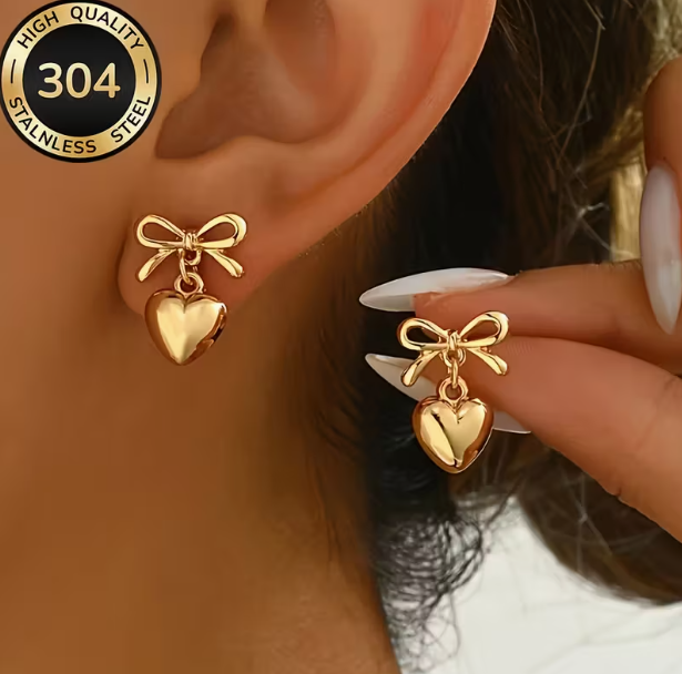 Gold Bow and Heart Earrings image 0
