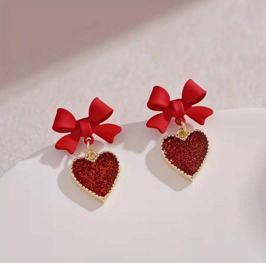 Red Heart & Bow Dangle Earrings image 0