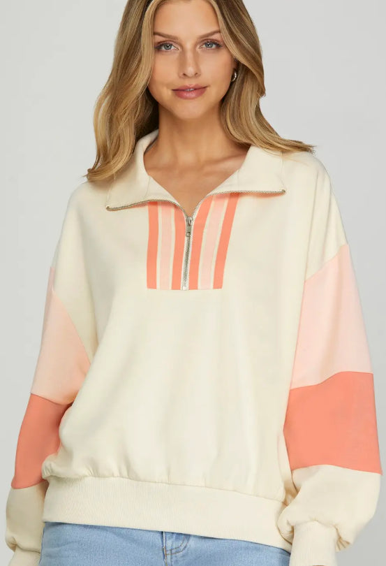 “Peachy Glow” Colorblock Half-Zip Pullover image 2
