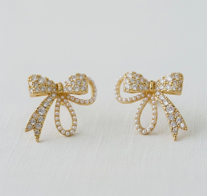 Vintage Inspired Pearl and Cubic Zirconia Bowknot Earrings image 0