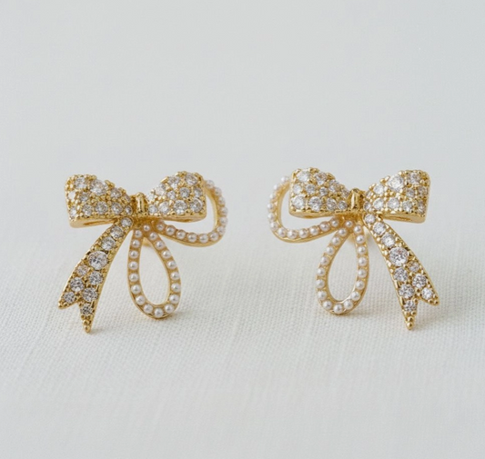 Vintage Inspired Pearl and Cubic Zirconia Bowknot Earrings image 0