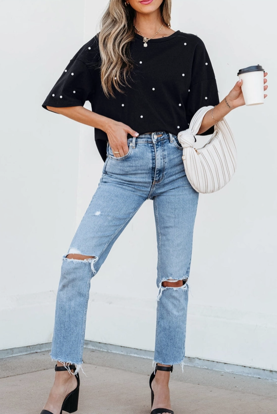 Pearl Embellished Oversized Tee – Black image 3