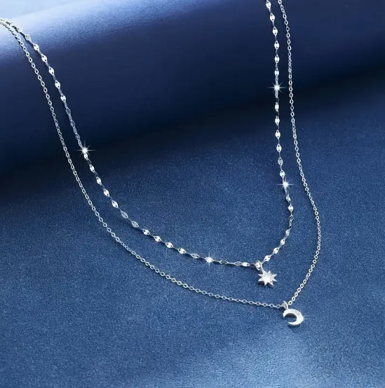 Moon & Star Layered Necklace – 925 Sterling Silver 🌙✨ image 1