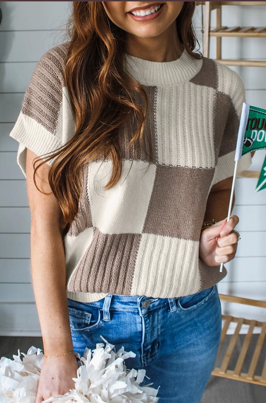 Brown Checkerboard Knit Sweater Top image 0