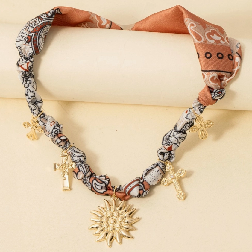Boho Sunflower & Cross Charm Scarf Necklace 🌻✨ image 0