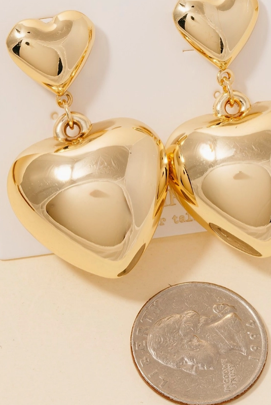 Golden Puff Heart Drop Earrings image 1