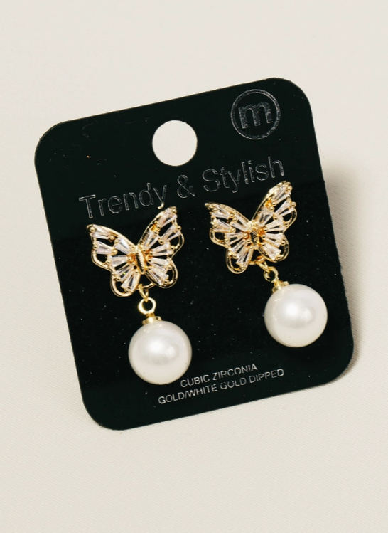 Butterfly Pearl Drop Earrings – Gold Dipped image 0