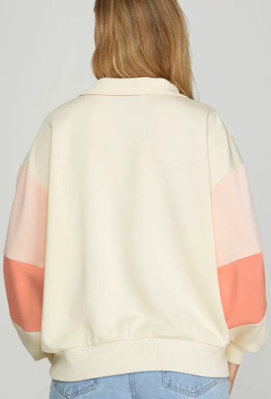 “Peachy Glow” Colorblock Half-Zip Pullover image 3