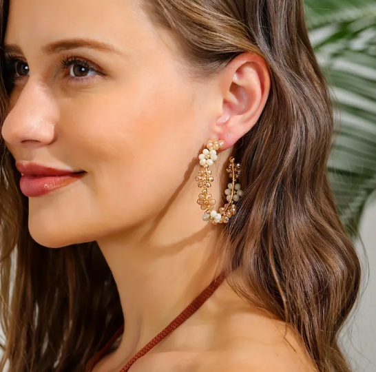 Beaded Flower Hoop Earrings image 1