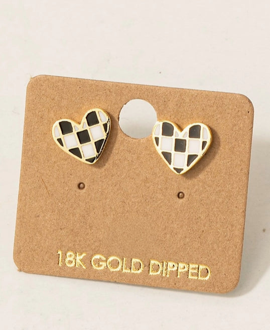 Checkered Heart Stud Earrings – 18K Gold Dipped image 0