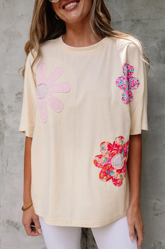 Oversized Floral Appliqué Tee – Cream image 0