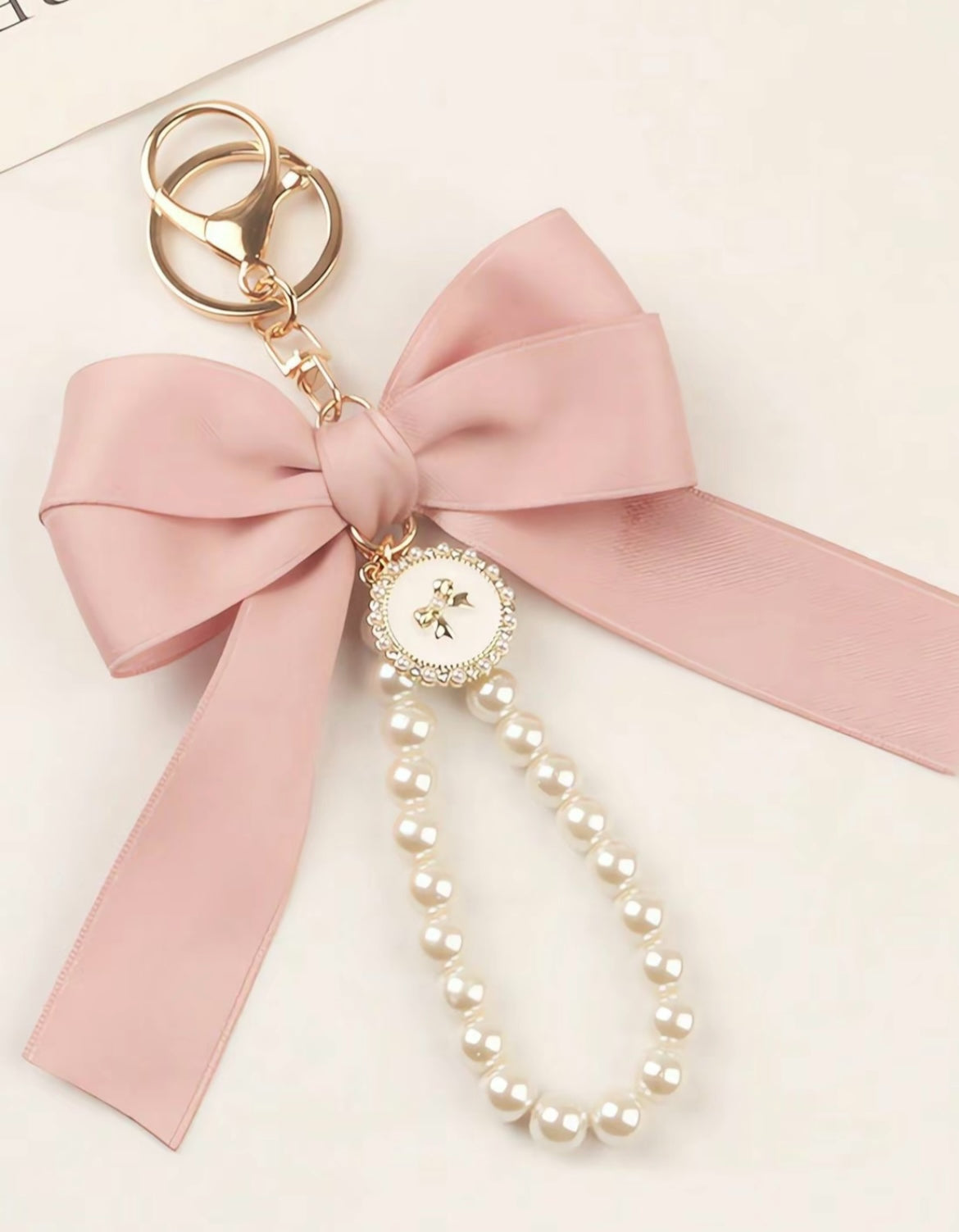Handmade Bow Keychain with Pearl Wristlet & Pearl Bow Charm image 0