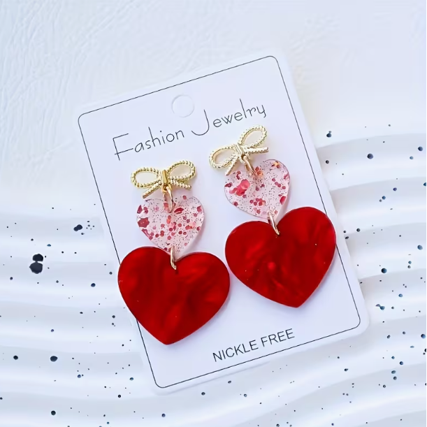 Red Heart and Bow Earrings image 0
