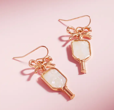 🎀 Pickleball Paddle Drop Earrings – Pearl & Gold Bow Edition image 0