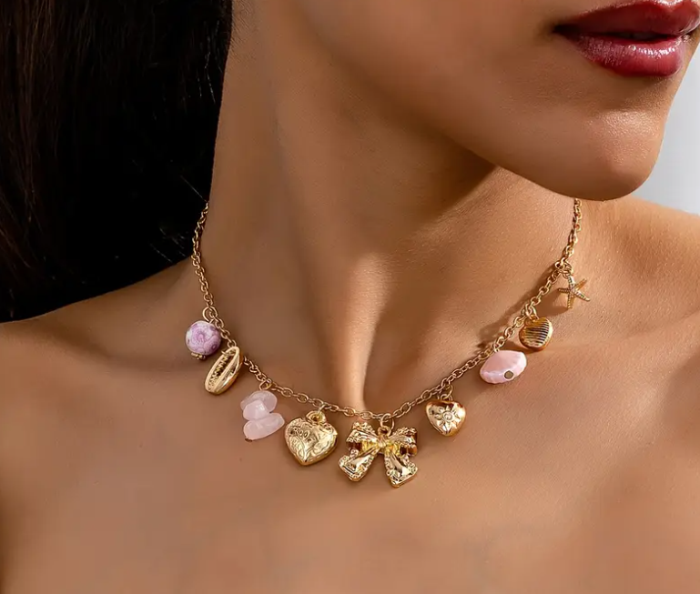 Golden Charm & Blush Bead Necklace image 0