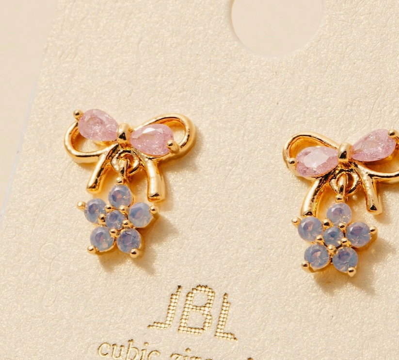 Pink Bow & Blossom Stud Earrings image 0